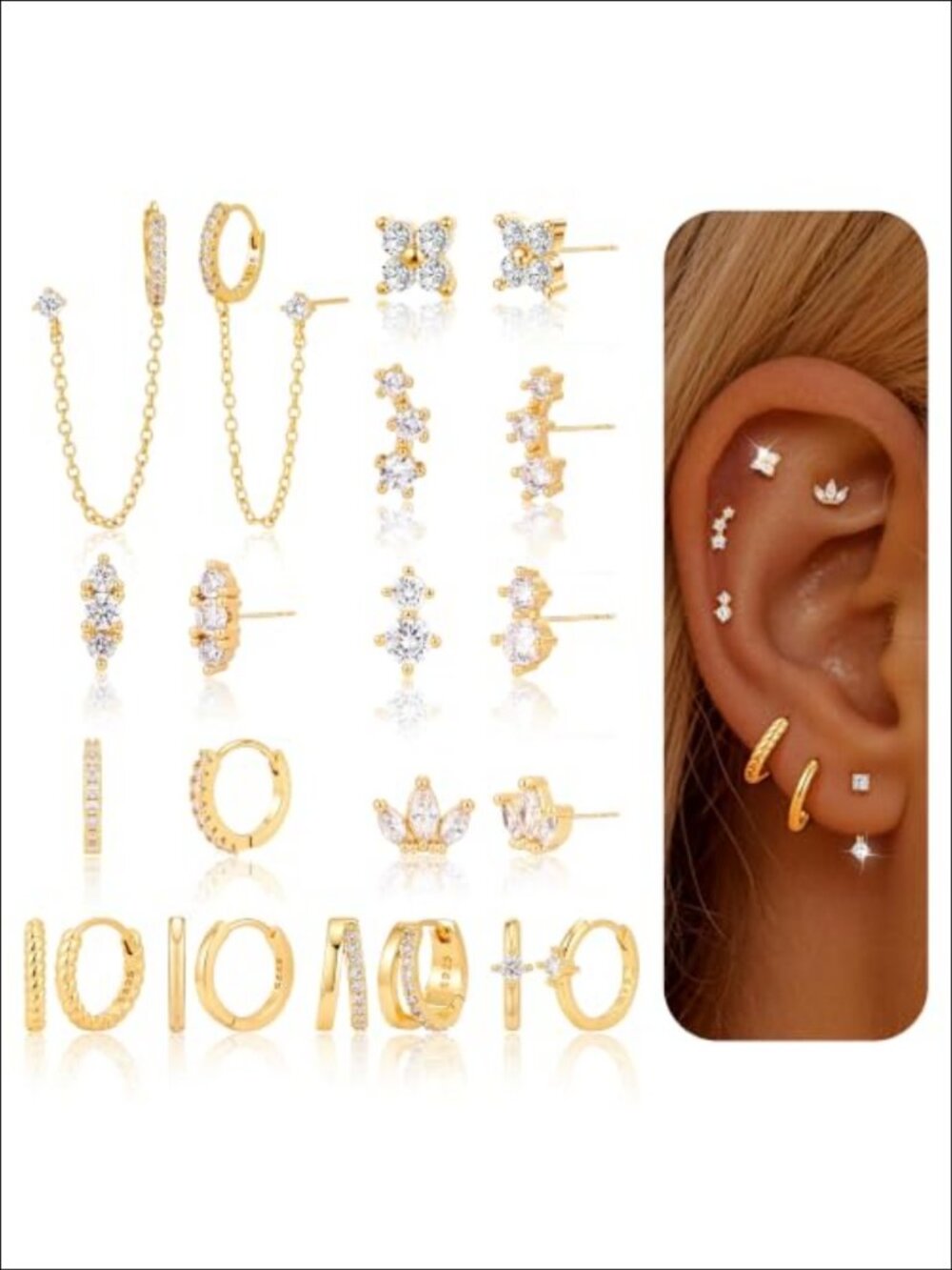 14k Gold Plated Flat Back Earrings Set CZ Hypoallergenic Sleep In Studs for